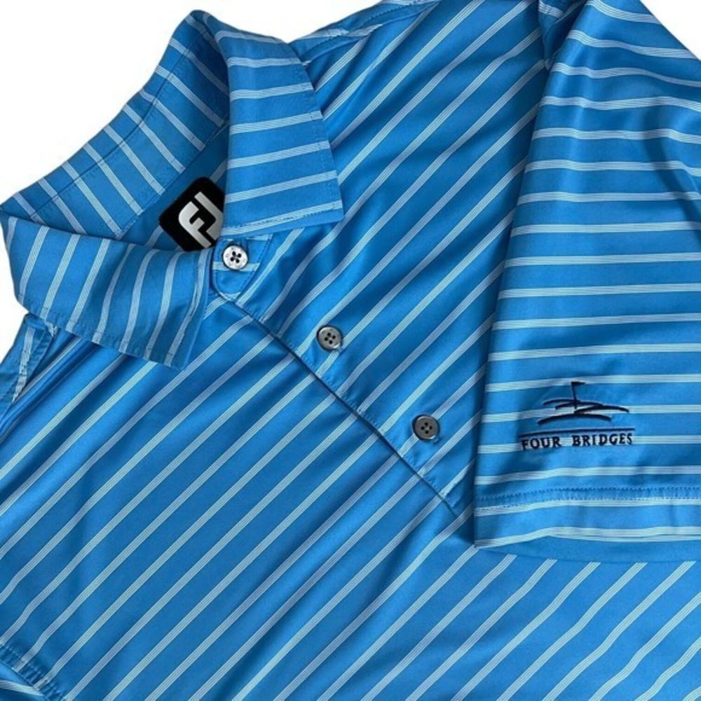 FootJoy Mens Blue White Striped Collared Polo Golf Shirt Size Large Logo Sleeve